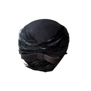 Vintage Mr. John Moderne Black Feather Pillbox Hat Fascinator Bow Accent
